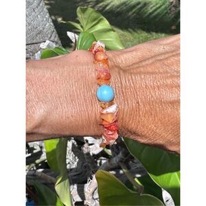 B99. Mexican Fire Opal Chips with 10mm Larimar Bracelet - Handmade in Maui
